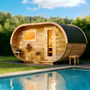 Transform Your Backyard – Rustic Outdoor Barrel Sauna Kit with Panoramic Glass